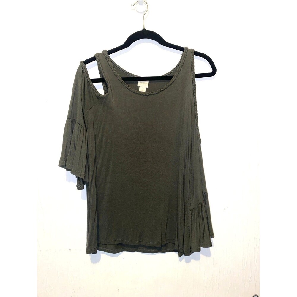 Chico's Braided Cold Shoulder Ruffle Sleeve Top Olive Green Blouse Size 0 Small
